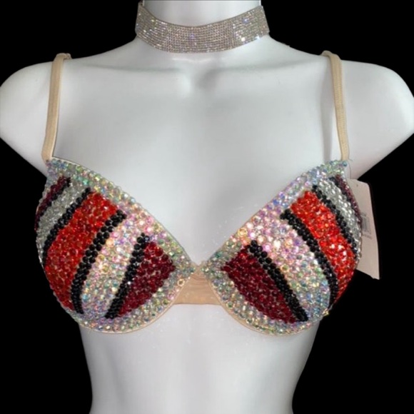 Crystal Rhinestone Pinstripe Glam Bling Red Tones Bra Top All Sizes New - Picture 1 of 14